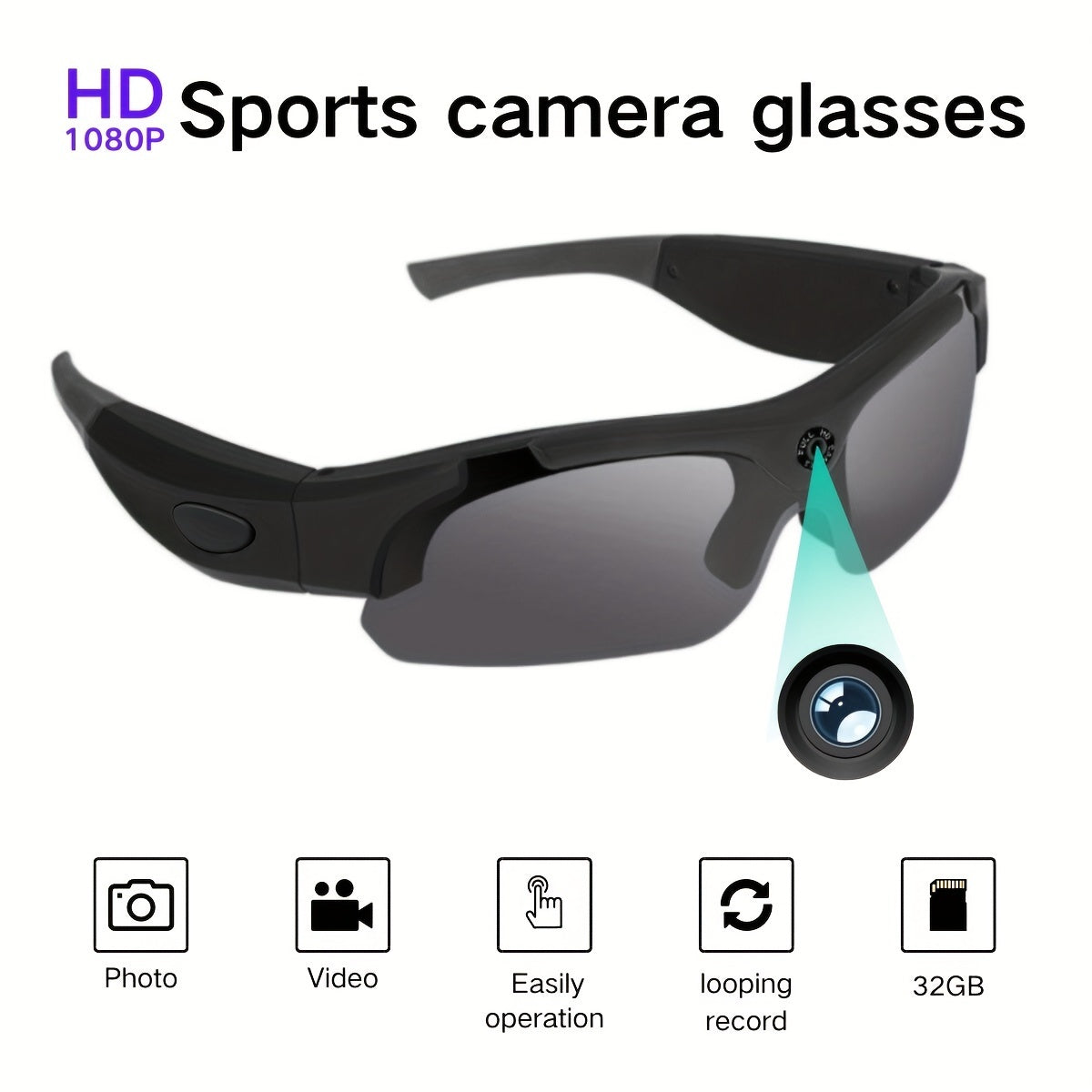 Video Glasses 1080P HD, Outdoor Camera Glasses, 1080P Smart Glasses, HD Computer Network Camera, 120 ° Wide-angle, 180 Minutes Battery Life, Suitable For Cycling, Hiking, Fishing, Coastal Beach, Tourism, 32GB Storage Card