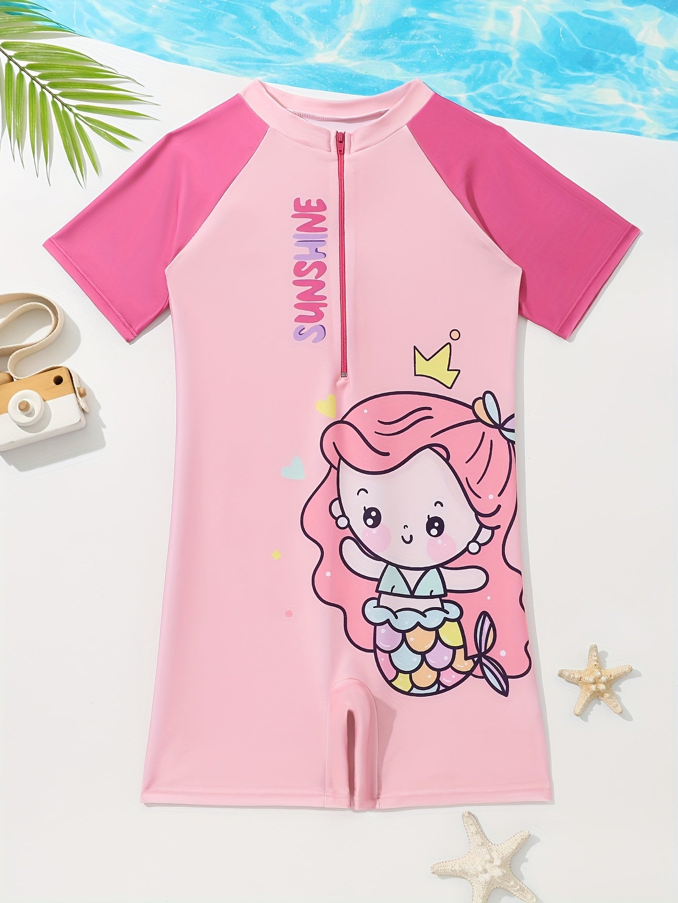 Raglan Sleeve Cute Cartoon 1-Piece Jumpsuit Swimwear For Girls, Holiday Seaside Pool Swimming Suits Beachwear