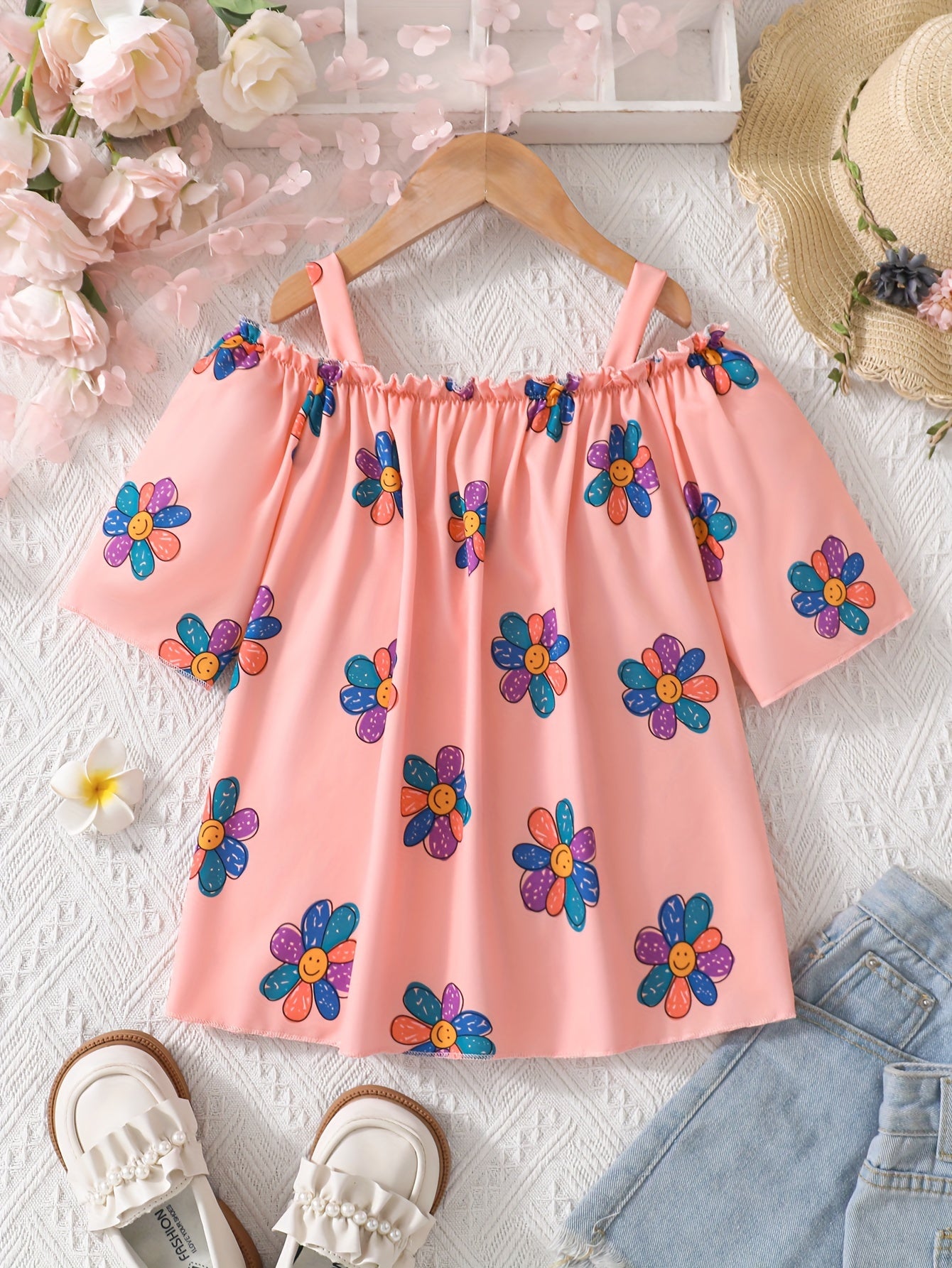 Girls' Cute Off-Shoulder Short Sleeve Top With Colorful Daisy Print And Face Pattern, Ruffle Shoulder Straps, Summer Casual Wear