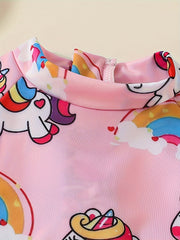 Toddler's Cartoon Rainbow Unicorn Pattern One-piece Swimsuit, Stretchy Short Sleeve Bathing Suit, Baby Girl's Swimwear For Summer Beach Holiday