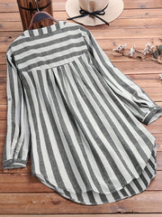 Striped Button Front Shirt, Casual Long Sleeve Curved Hem Shirt, Women's Clothing