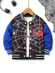 Boys Cool Spider Web Print Long Sleeve Color Block Drop Shoulder Varsity Baseball Jacket Coat