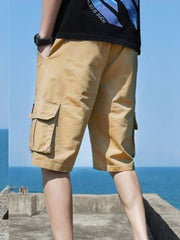 Men's Label Patchwork Solid Cargo Shorts With Flap Pockets, Versatile And Trendy For Summer Outdoors And Sports Wear