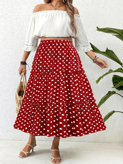 Plus Size Polka-dot Print A-line Skirt - Comfortable Elastic Waist for a Flattering Fit, Flowy Tiered Design for a Feminine Silhouette - Designed for Plus Size Women, Elegant and Sophisticated Style