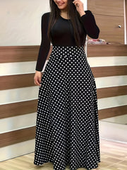 Plus Size Casual Dress, Women's Plus Colorblock Dot Print Long Sleeve Round Neck Maxi Dress