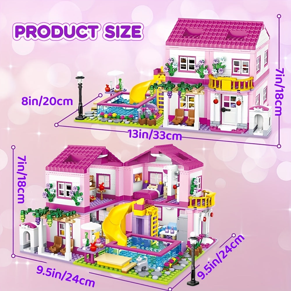 Summer Villa Castle Building Blocks Set For Girls - City Street View With Swimming Pool, Diy Pretend Play Toy - Perfect Christmas, Birthday Gift For Ages 14+