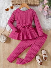 2Pcs Girls Cozy Winter Outfit Set - Chic Long Sleeve Crew Neck Top with Bowknot Detail & Snug Pants - Ideal for Fall Casual Wear