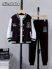 2pcs Boy's Letter Print Varsity Jacket Outfit, Preppy Style Bomber Jacket & Pants Set, Kid's Clothes For Fall Winter, As Gift