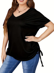 Plus Size Womens Tops with Drawstring Detail - Ultra-Comfortable High Stretch Casual Style - Flattering Half Sleeves for Curvy Figures