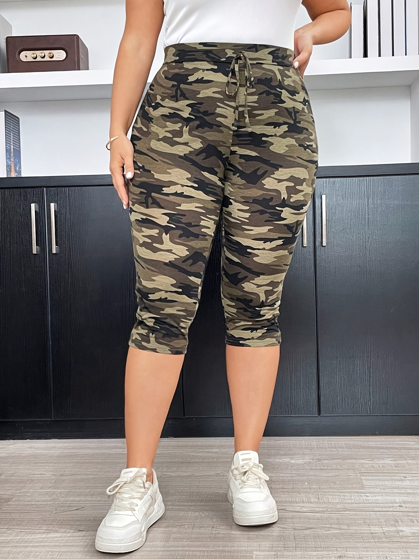 Plus Size Camo Print Capri Leggings - Flattering High-Rise Design, Four-Way Stretch Fabric for Ultimate Comfort, Perfect for Everyday Wear, Lightweight and Breathable for Warmer Seasons - Designed to Fit and Flatter Curvy