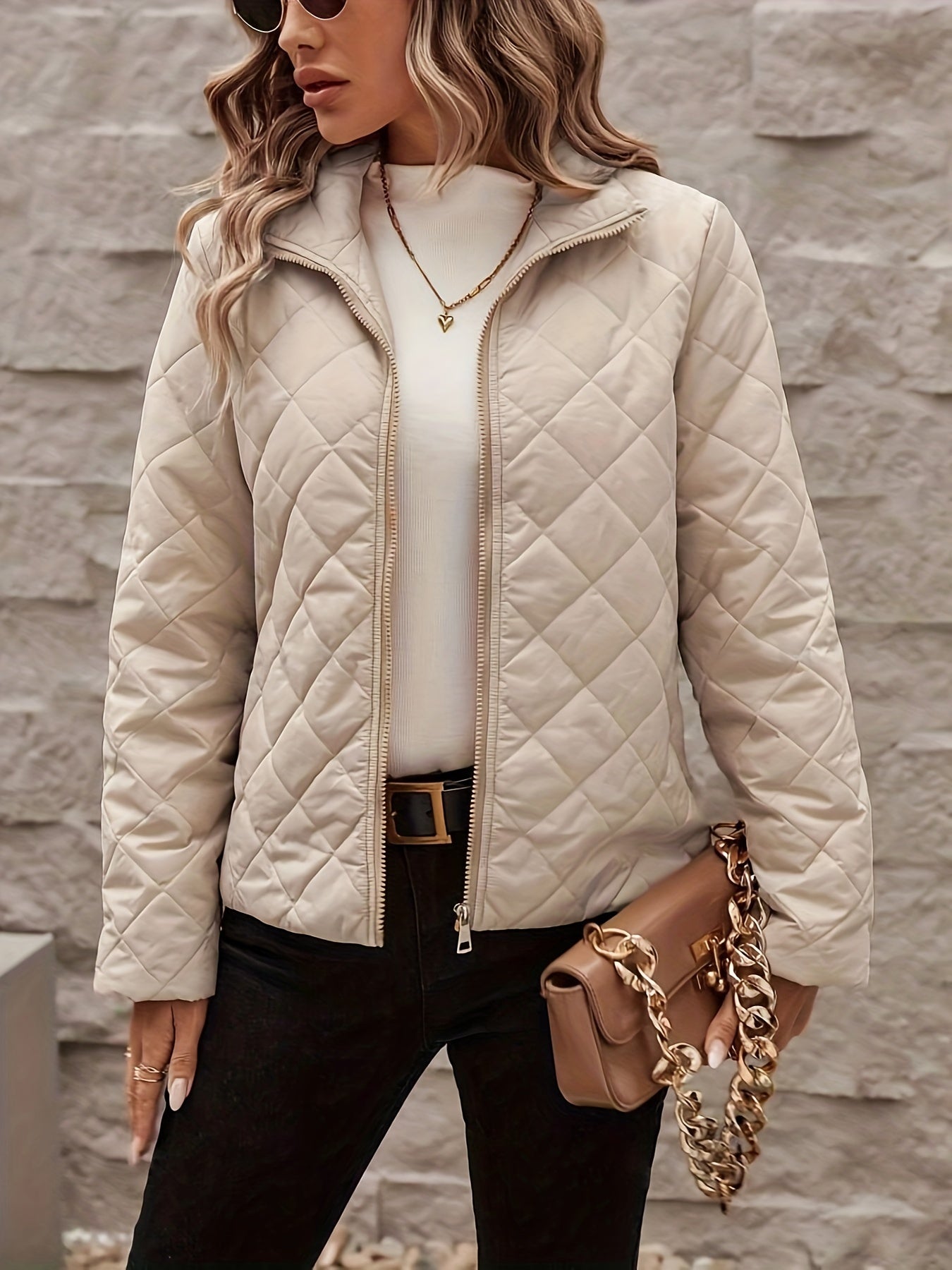 Zip Up Quilted Warm Coat, Versatile Solid Color Long Sleeve Coat For Fall & Winter, Women's Clothing