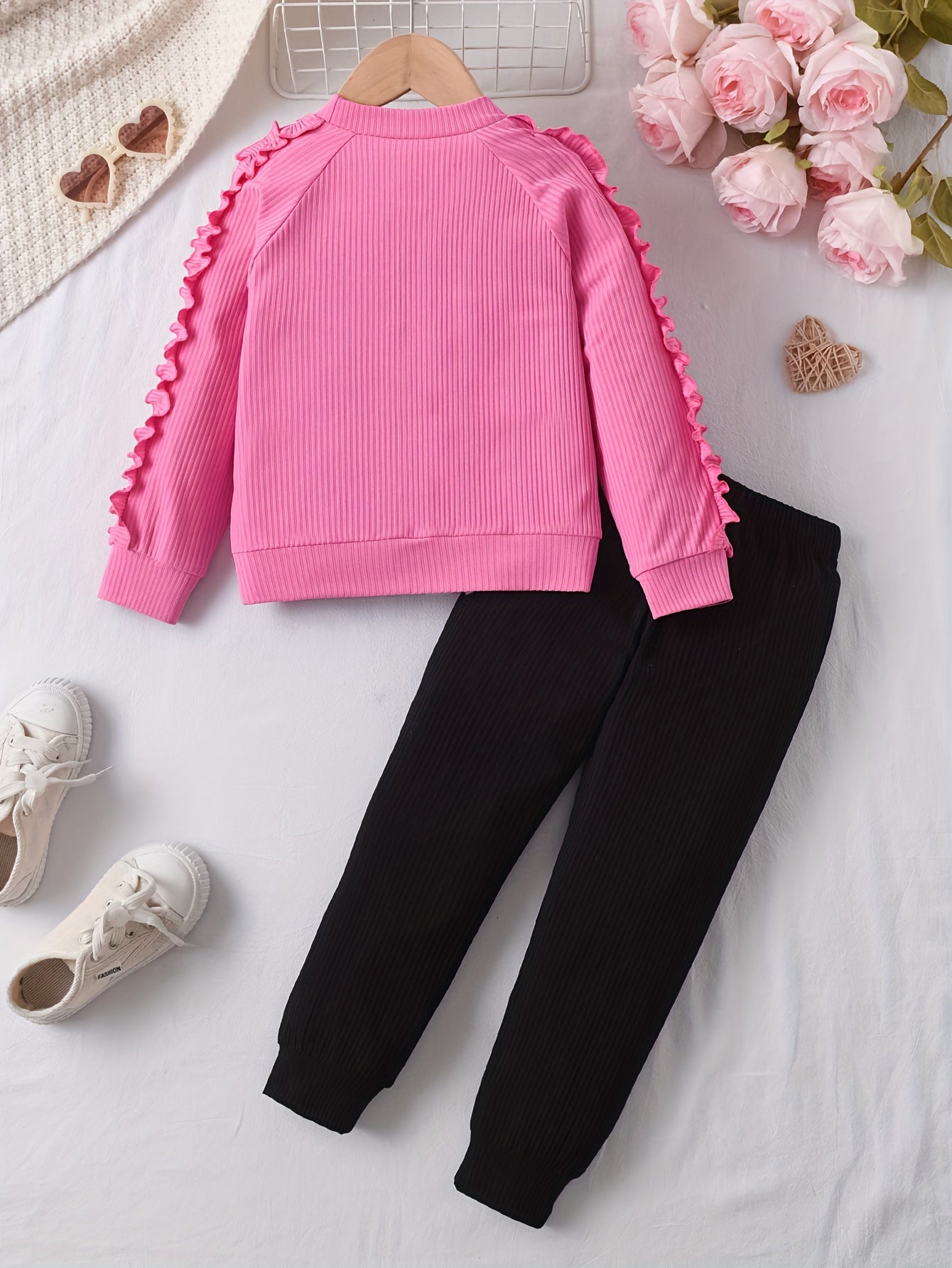 Girls 2Pcs, Chic Frilled Long Sleeve Heart Graphic Pullover Top + Pants Casual Set, Cute Girls Spring Fall Clothes