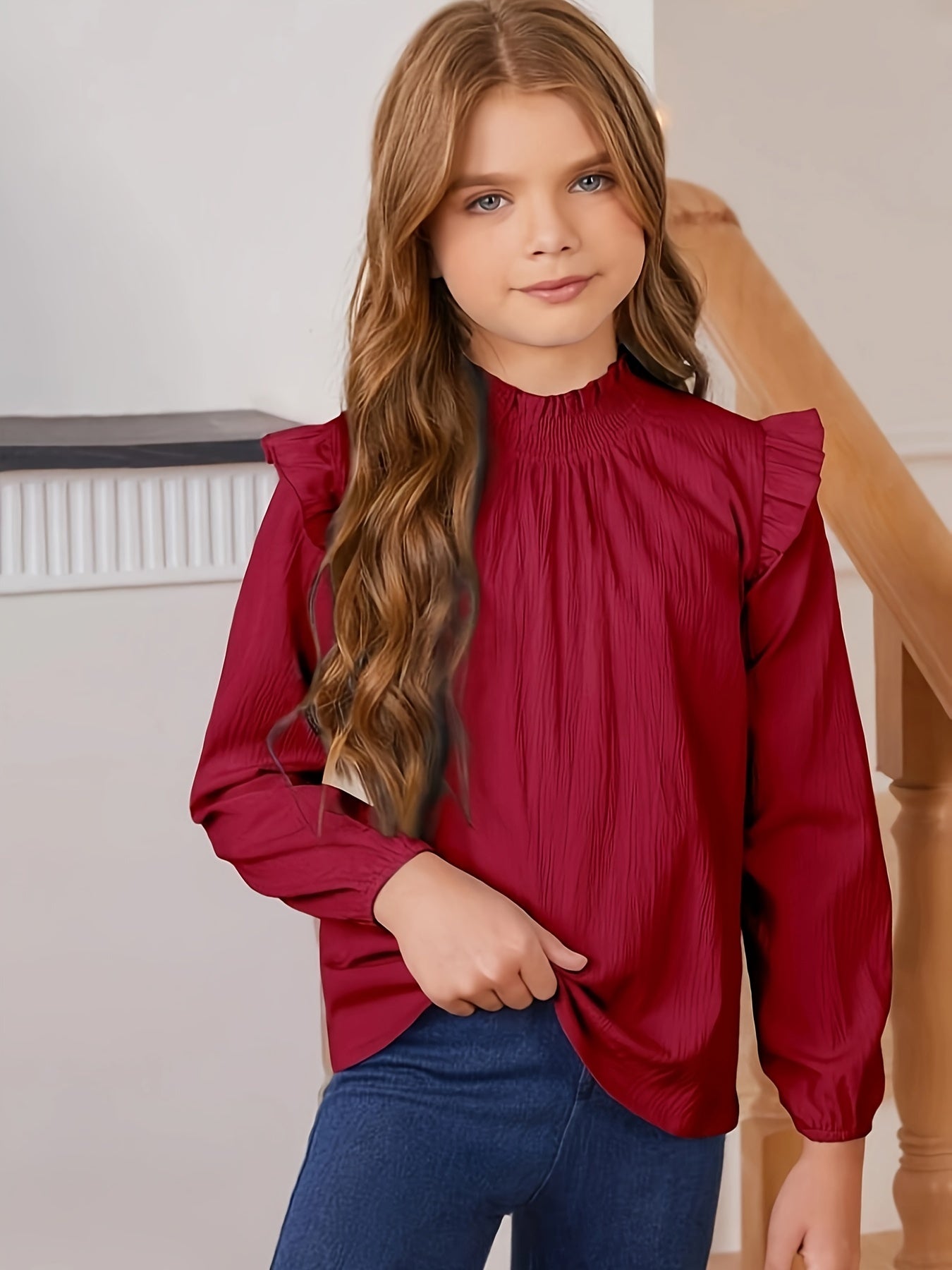 Girls Elegant Loose-fitting Solid Color Shirt With Ruffled Collar, Suitable For Everyday Spring/ Fall