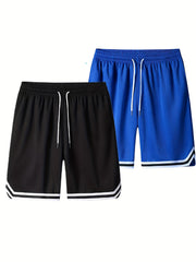 Two-Piece Mens Loose Fit Contrast Color Stripe Shorts Set - Drawstring Waist, Two Side Pockets, Breathable Slight Stretch Polyester Fabric, Ideal for Summer Fitness, Outdoor Sports, and Daily Casual Wear