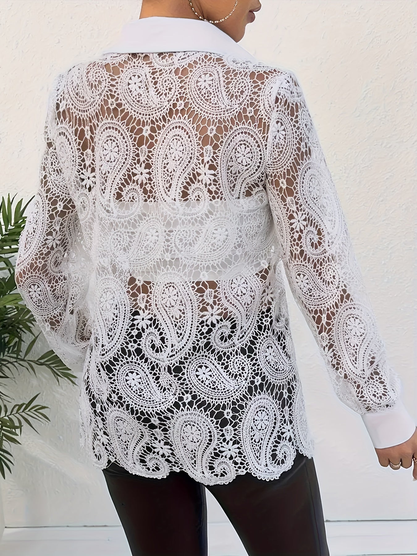 Plus Size Paisley Pattern Lace Top - Chic Casual Collared Long Sleeve Button-Front Shirt for Women - Flattering and Comfortable Plus Size Clothing for Everyday Wear