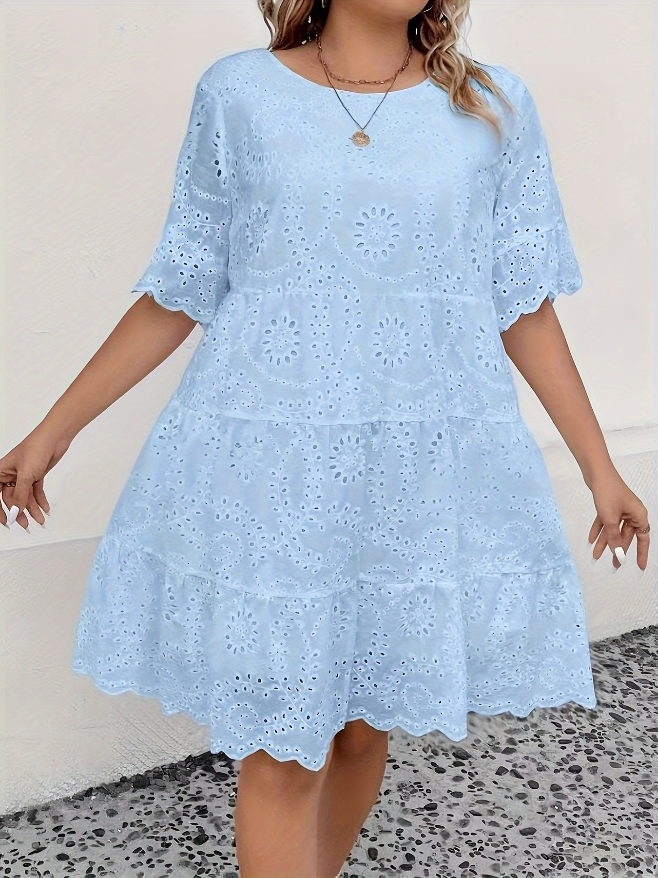 Plus Size Eyelet Embroidery Solid Dress, Elegant Scallop Trim Cut Out Short Sleeve Crew Neck Dress, Women's Plus Size Clothing