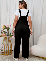 Plus Size Solid Buckle Overall Jumpsuit, Casual Sleeveless Pocket Jumpsuit, Women's Plus Size Clothing