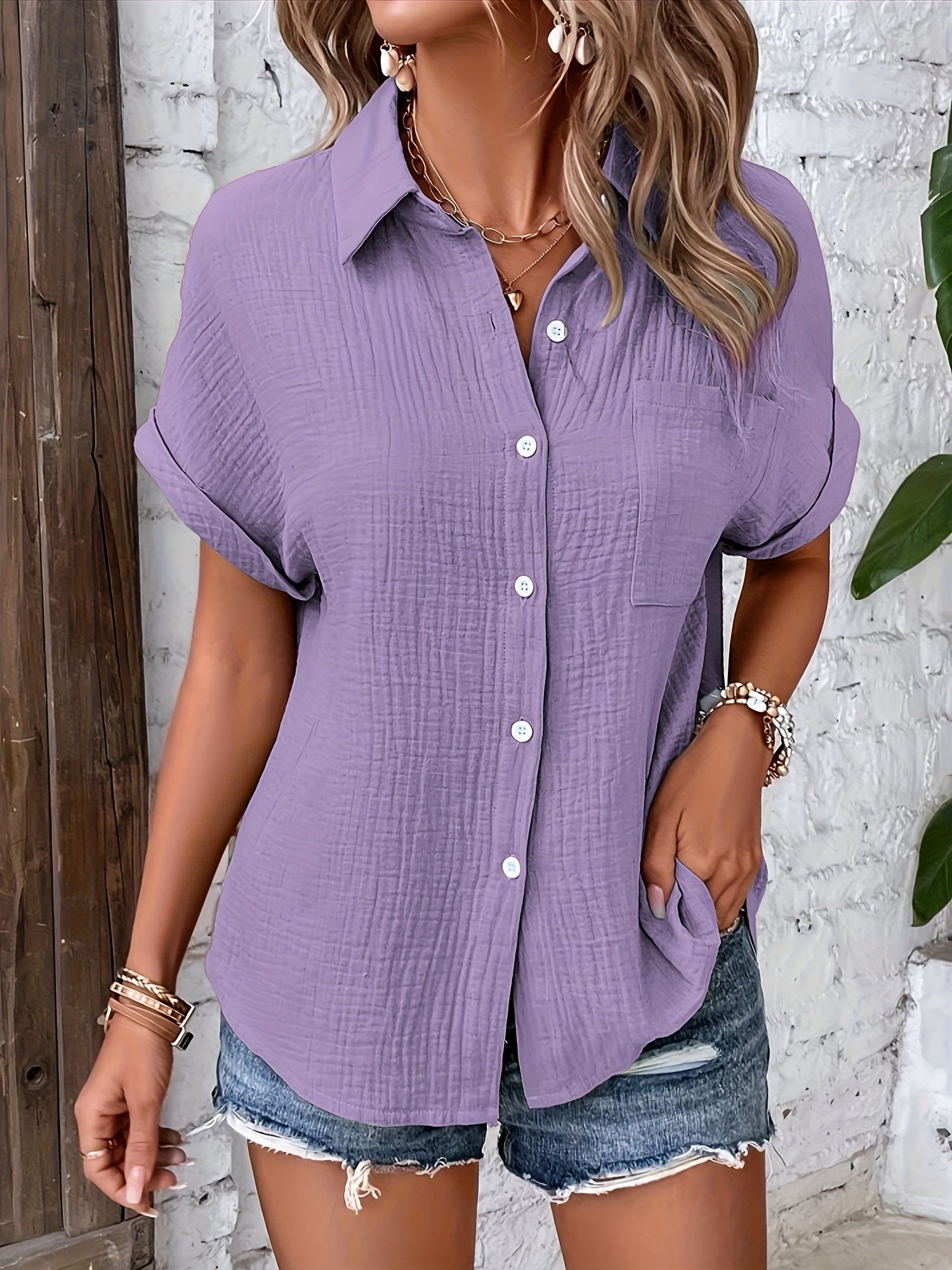 Button Up Loose Solid Blouse, Casual Short Sleeve Blouse For Spring & Summer, Women's Clothing