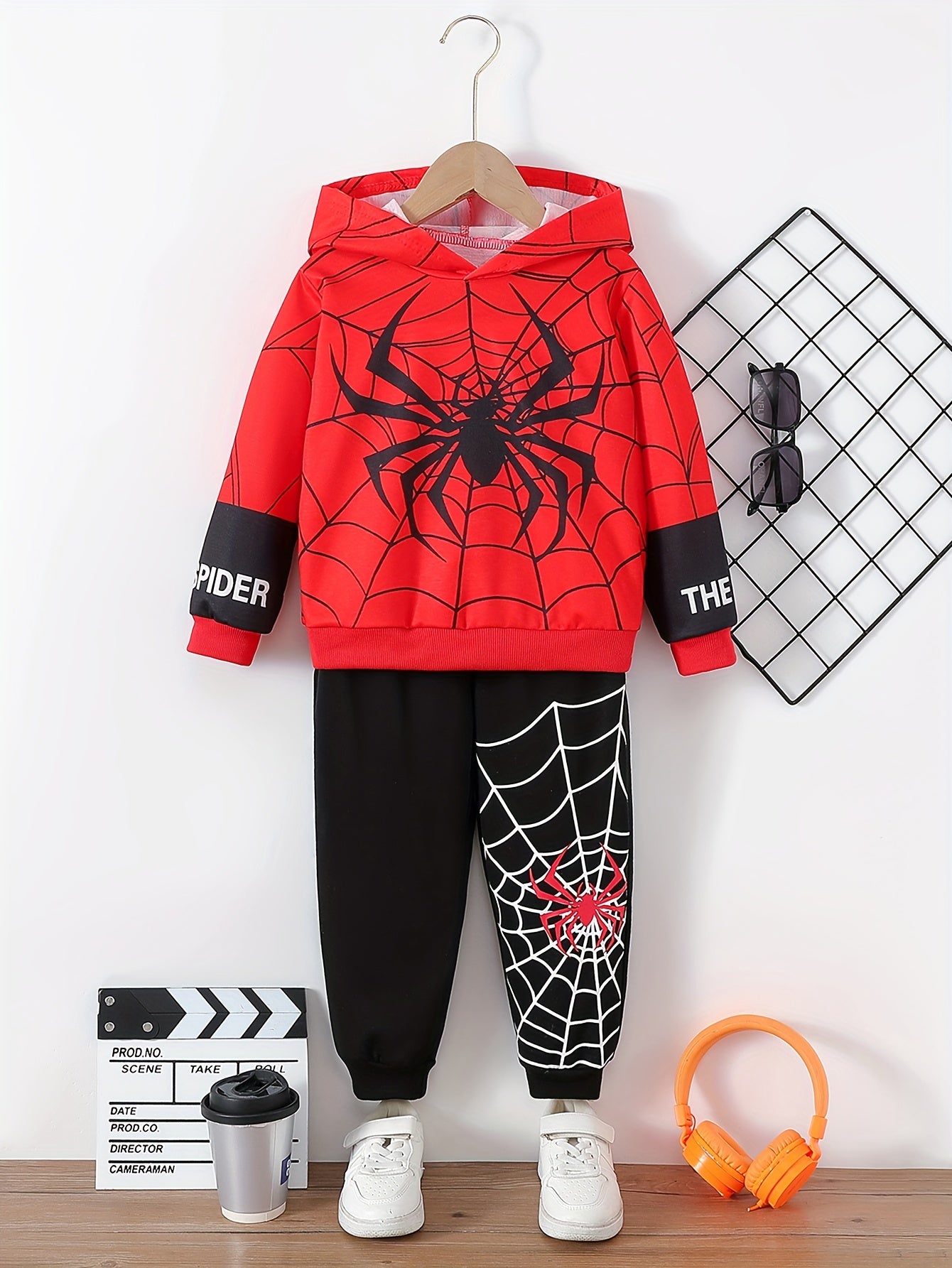 2pcs Boy's Spider And Web Print Hooded Outfit, Hoodie & Pants Set, Kid's Clothes For Spring Fall Winter, As Gift