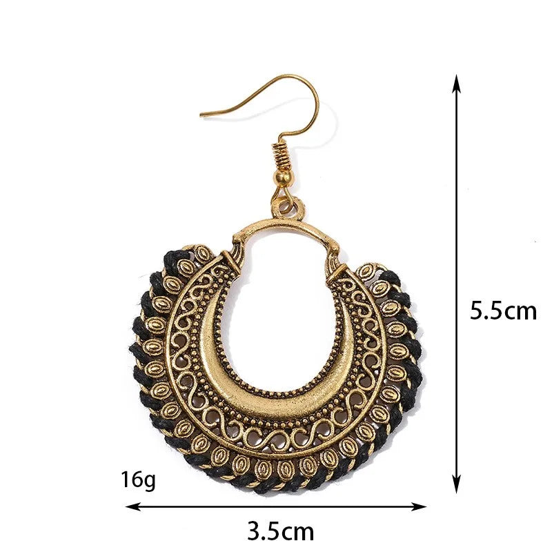 Ethnic Gold Color Alloy Dangle Earrings For Women Handmade Gypsy Vintage Blue Line Moon Carved Earrings Indian Earrings