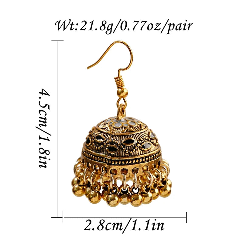 Women's Vintage Ethnic Green Gypsy Gold Color Indian Earrings Boho Jewelry Retro Bell Tassel Carved Ladies Jhumka Earrings