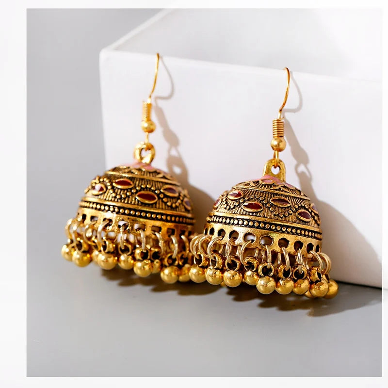 Women's Vintage Ethnic Green Gypsy Gold Color Indian Earrings Boho Jewelry Retro Bell Tassel Carved Ladies Jhumka Earrings