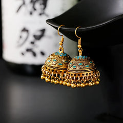 Women's Vintage Ethnic Green Gypsy Gold Color Indian Earrings Boho Jewelry Retro Bell Tassel Carved Ladies Jhumka Earrings