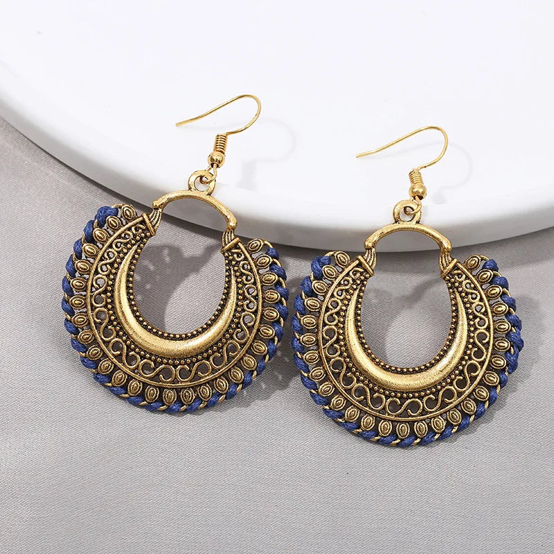 Ethnic Gold Color Alloy Dangle Earrings For Women Handmade Gypsy Vintage Blue Line Moon Carved Earrings Indian Earrings