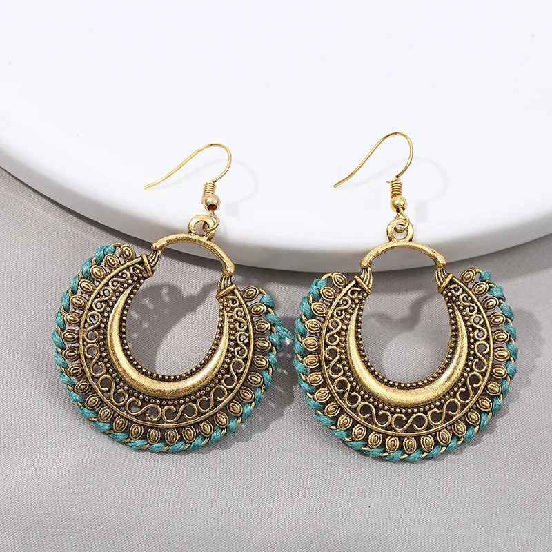 Ethnic Gold Color Alloy Dangle Earrings For Women Handmade Gypsy Vintage Blue Line Moon Carved Earrings Indian Earrings