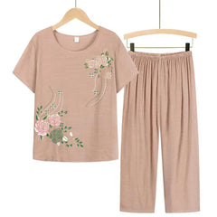 Summer Women Homewear Set Short Sleeve Floral Print T-shirt Pants Loose Two Pieces Set Outfit for Middle-aged Pajama Sets