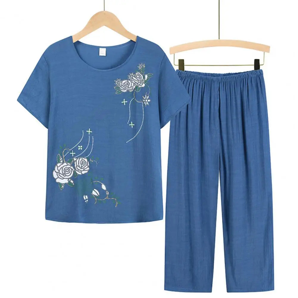 Summer Women Homewear Set Short Sleeve Floral Print T-shirt Pants Loose Two Pieces Set Outfit for Middle-aged Pajama Sets