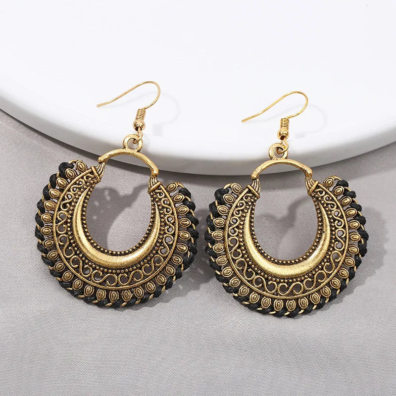 Ethnic Gold Color Alloy Dangle Earrings For Women Handmade Gypsy Vintage Blue Line Moon Carved Earrings Indian Earrings