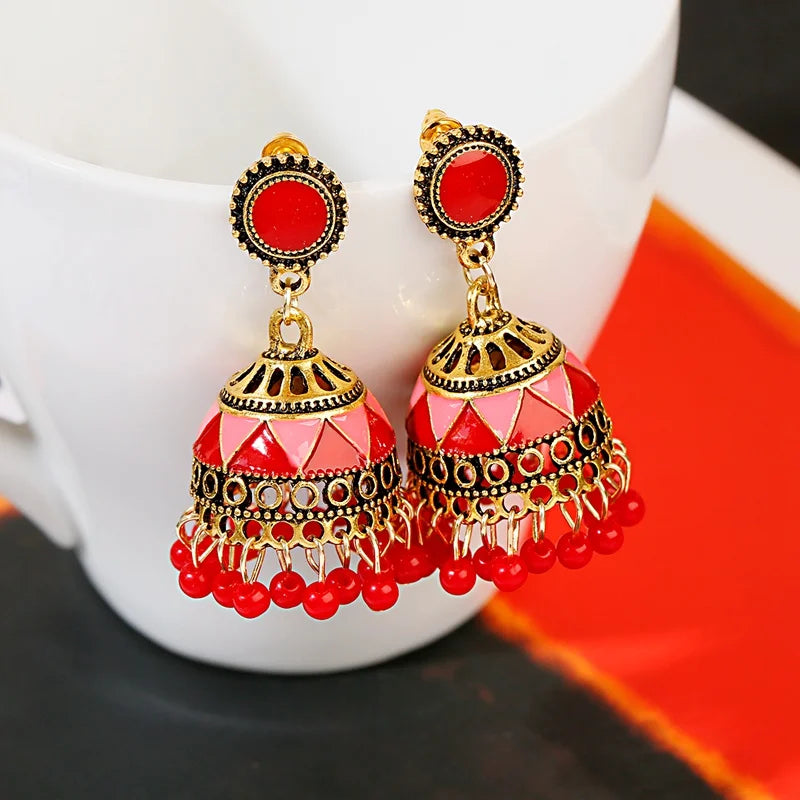 Indian Style Blue Geometric Tassel Jhumka Earrings Gypsy Gold Color Earrings Women Ladies Round Bell Earrings Oorbellen