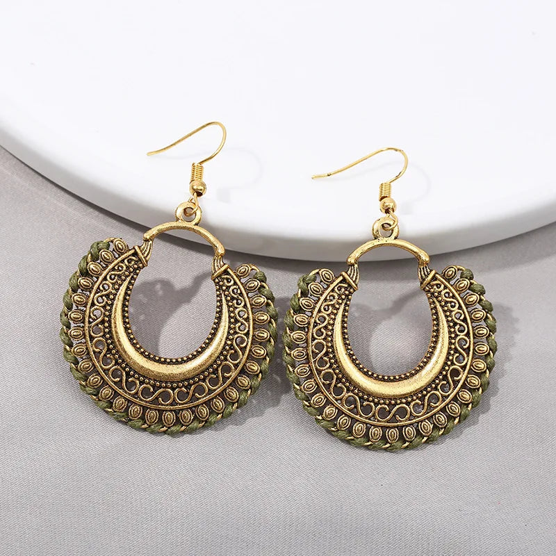 Ethnic Gold Color Alloy Dangle Earrings For Women Handmade Gypsy Vintage Blue Line Moon Carved Earrings Indian Earrings