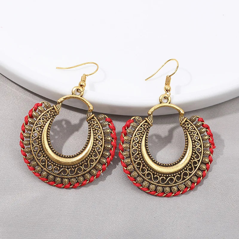 Ethnic Gold Color Alloy Dangle Earrings For Women Handmade Gypsy Vintage Blue Line Moon Carved Earrings Indian Earrings