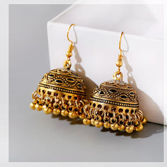 Women's Vintage Ethnic Green Gypsy Gold Color Indian Earrings Boho Jewelry Retro Bell Tassel Carved Ladies Jhumka Earrings