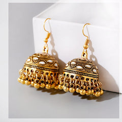 Women's Vintage Ethnic Green Gypsy Gold Color Indian Earrings Boho Jewelry Retro Bell Tassel Carved Ladies Jhumka Earrings