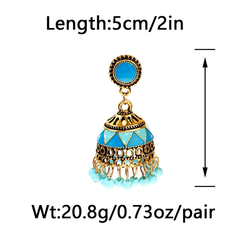 Indian Style Blue Geometric Tassel Jhumka Earrings Gypsy Gold Color Earrings Women Ladies Round Bell Earrings Oorbellen