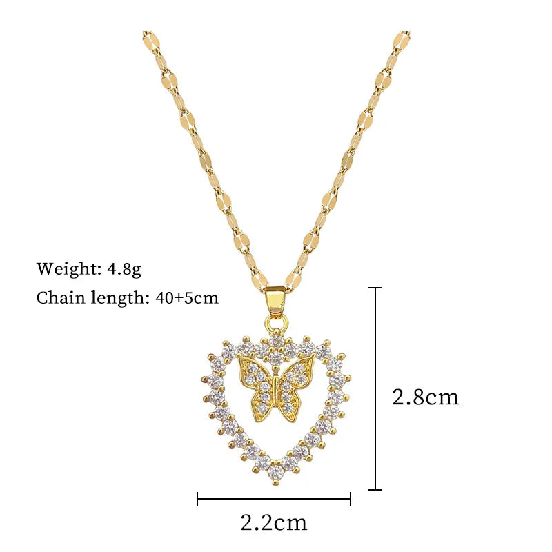 OIMG 316L Stainless Steel Gold Plated Hollow Heart Micro Inlaid Zircon Butterlfy Fairy Pendant Necklace For Women Bride Wedding