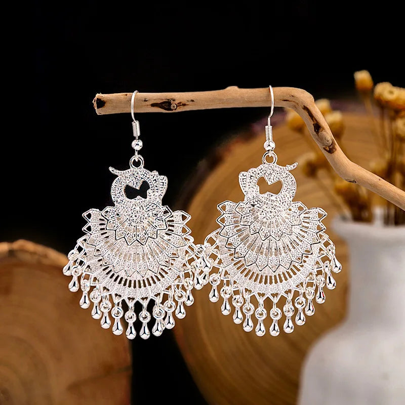 New Peacock Hidden Silver Color Earrings Women's Indian Earrings Boho Bell Tassel Dangle Earrings