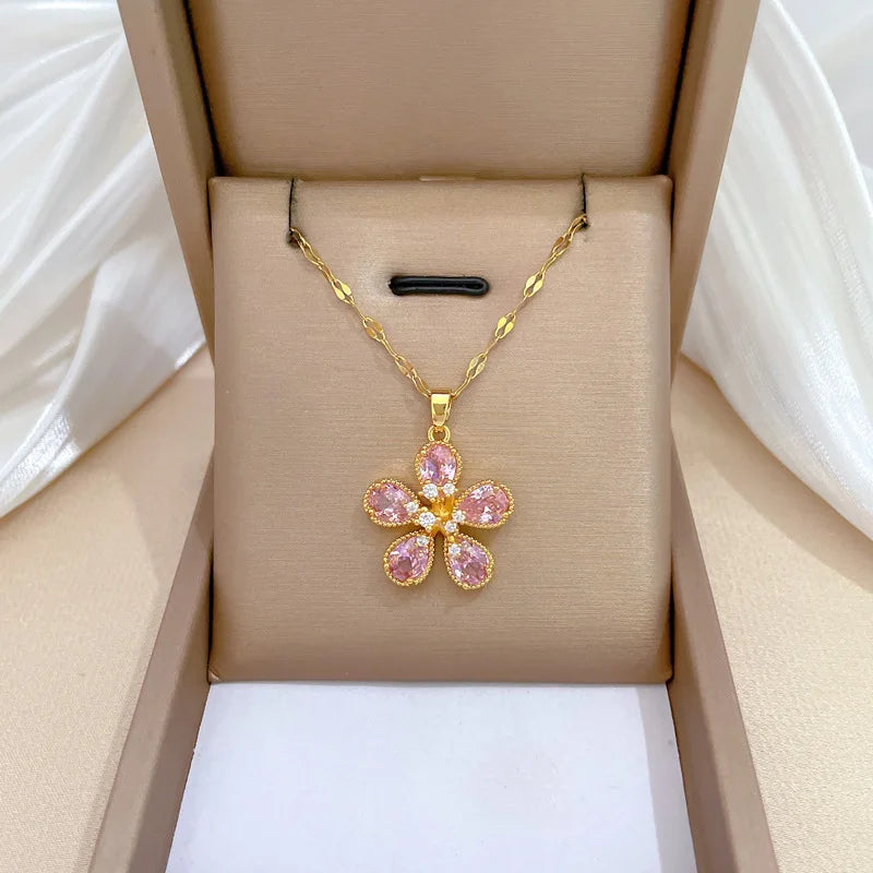 OIMG 316L Stainless Steel Gold Plated Gorgeous Temperament Pink Flower  Rhinestone Charming Women Pendant Necklace Party Gifts