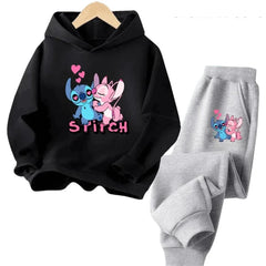 Kawaii Stitch Hoodie For Girls Casual Long-sleeves Sweatshirt+long Pants Sets for 2-13 Years Kids Autumn 2pcs Set Clothing