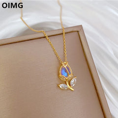 OIMG 316L Stainless Steel Gold Plated Romantic Sweet Gradient Tulip Flower Pendant Necklace For Women Princess Birthday Gifts