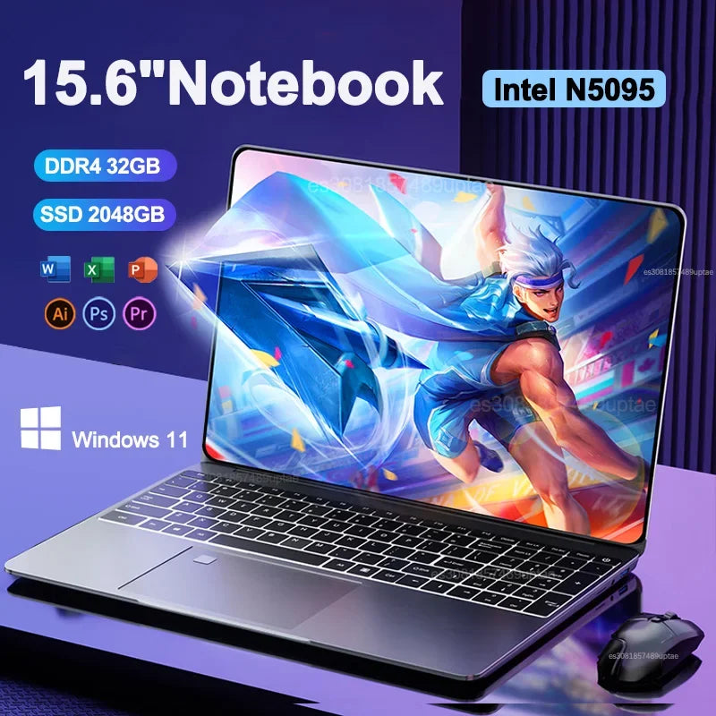 Portable Laptop 15.6" 32GB Ram DDR4 2TB SSD Windows 11 Notebook Pc Gamer Intel N5095 Office Computer with Backlit Fingerprint