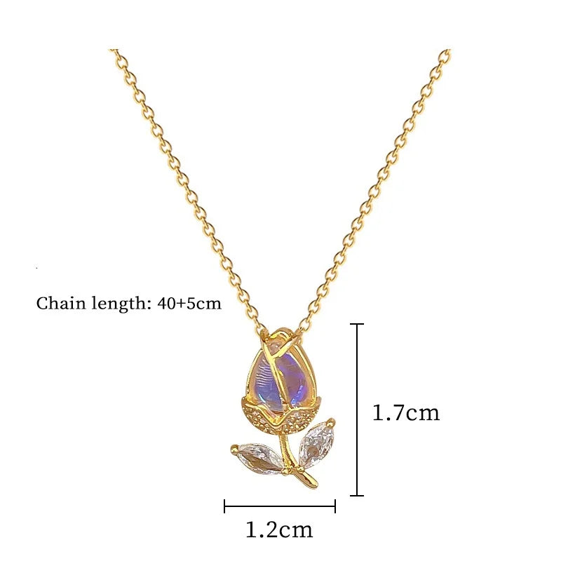 OIMG 316L Stainless Steel Gold Plated Romantic Sweet Gradient Tulip Flower Pendant Necklace For Women Princess Birthday Gifts