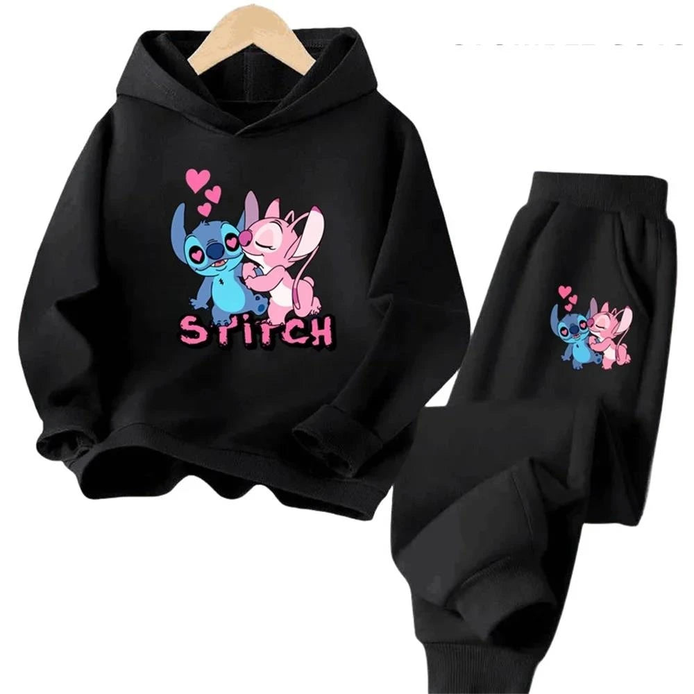 Kawaii Stitch Hoodie For Girls Casual Long-sleeves Sweatshirt+long Pants Sets for 2-13 Years Kids Autumn 2pcs Set Clothing