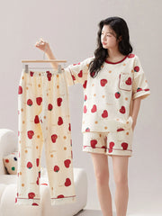 Pajamas Sleepwear Female 100 Cotton Gauze Sleepwear Summer 3 and Shorts Pajama Printing Pyjama Femme Nightwear Pj Sets