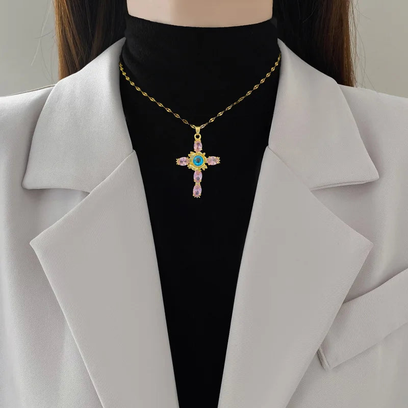 OIMG 316L Stainless Steel Gold Plated Exaggerated Pink Cross Evil Eyes Big Pendant Necklace For Women Luxury Jewelry 2024