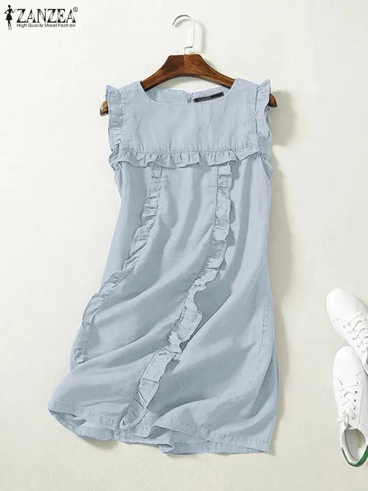 ZANZEA 2023 Summer Fashion Denim Mini Dress Women Casual Sleeveless Ruffles Stitching Tank Dresses Holiday Square Neck Sundress