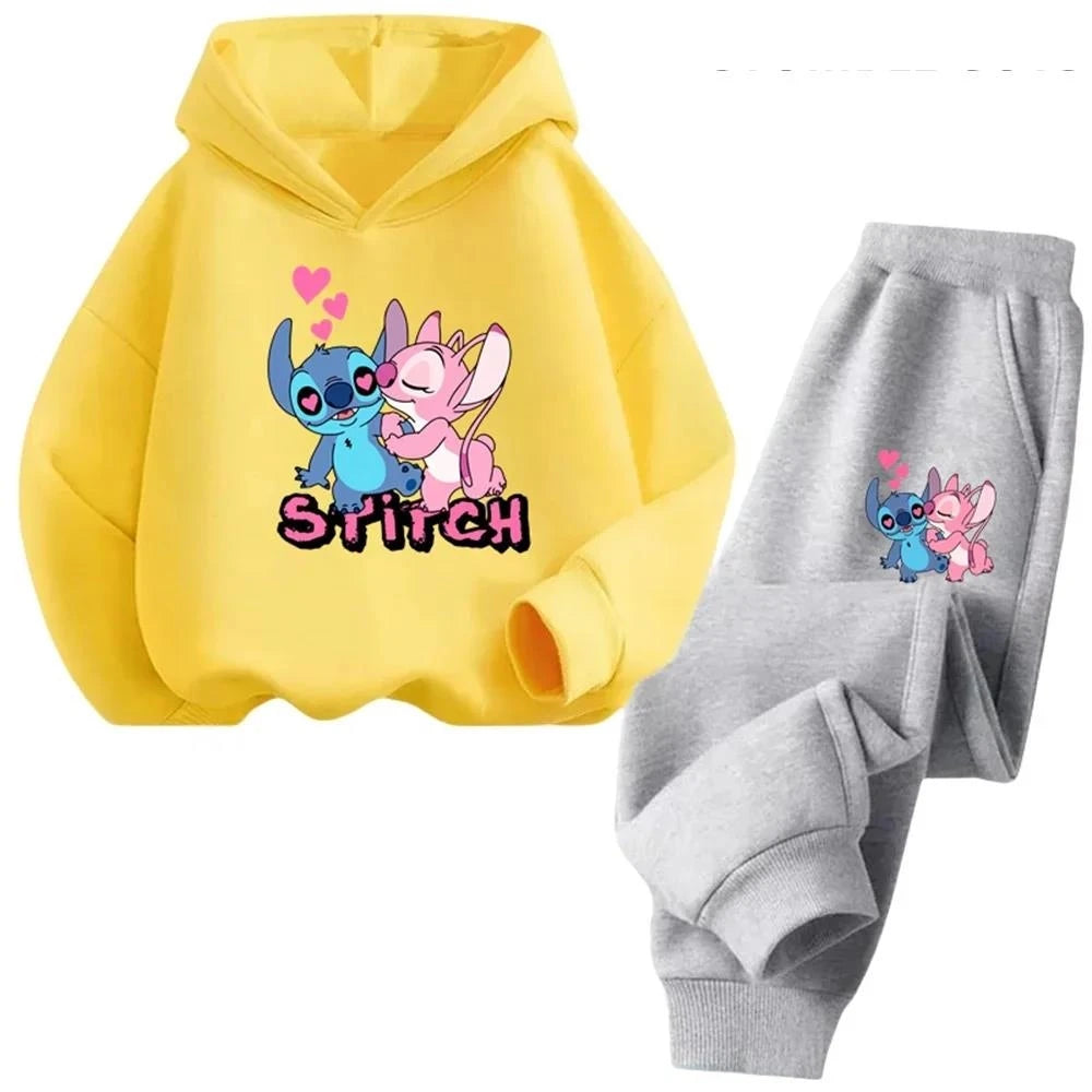 Kawaii Stitch Hoodie For Girls Casual Long-sleeves Sweatshirt+long Pants Sets for 2-13 Years Kids Autumn 2pcs Set Clothing